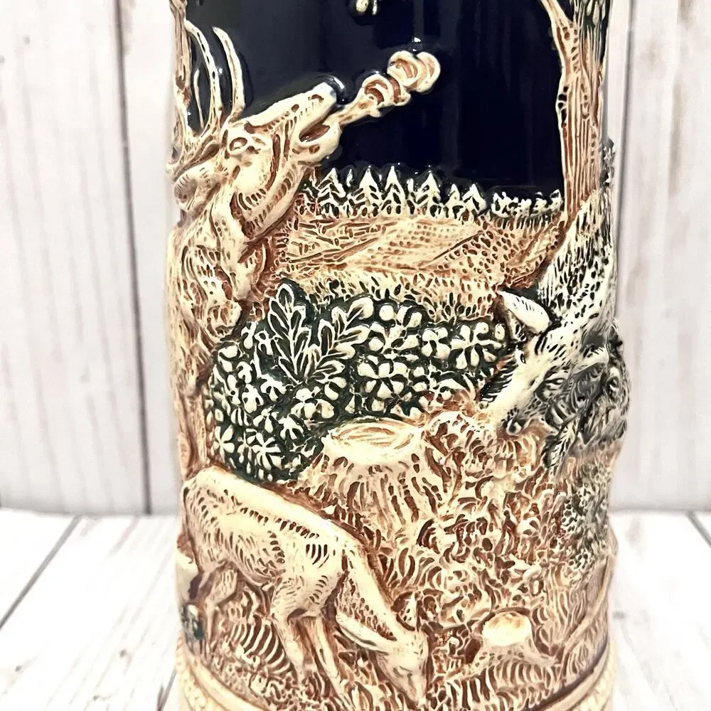 Vintage GERZ German BEER STEIN w/o Lid, Hunting Theme, Fox Handle... Beautiful